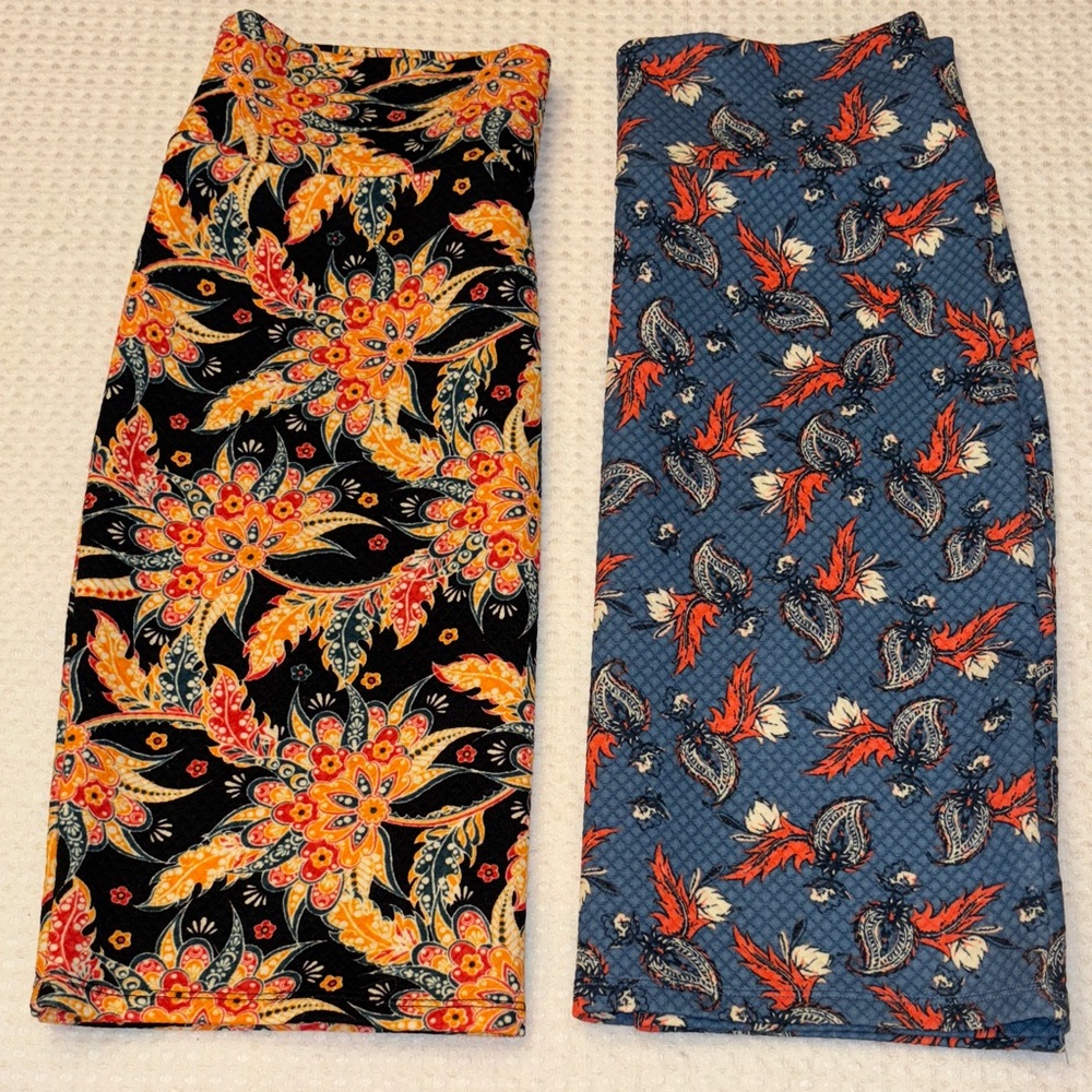 Set 2 LuLaRoe Cassie MEDIUM Pencil Skirts Black Blue Orange Gold Floral Paisley